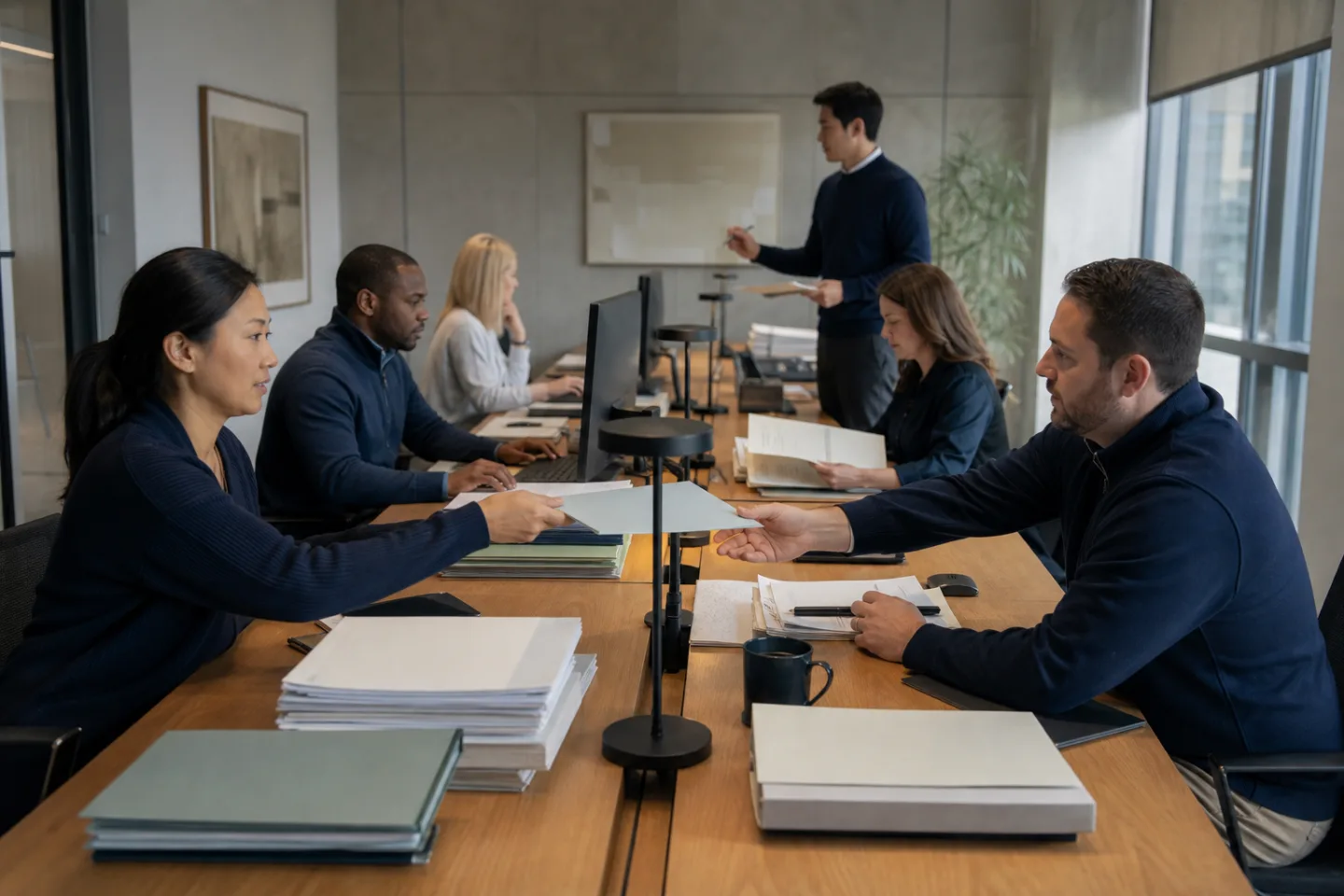 Commercial real estate operations team assigning documents and tasks from a controlled work queue