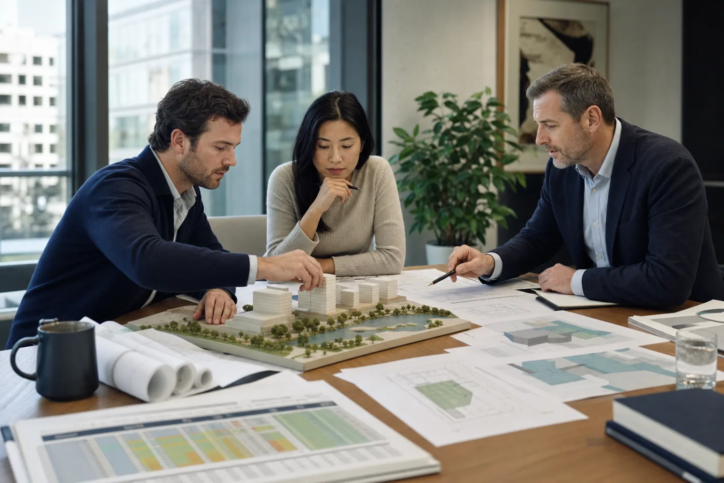 Commercial real estate developer, architect, and finance lead testing a site's feasibility