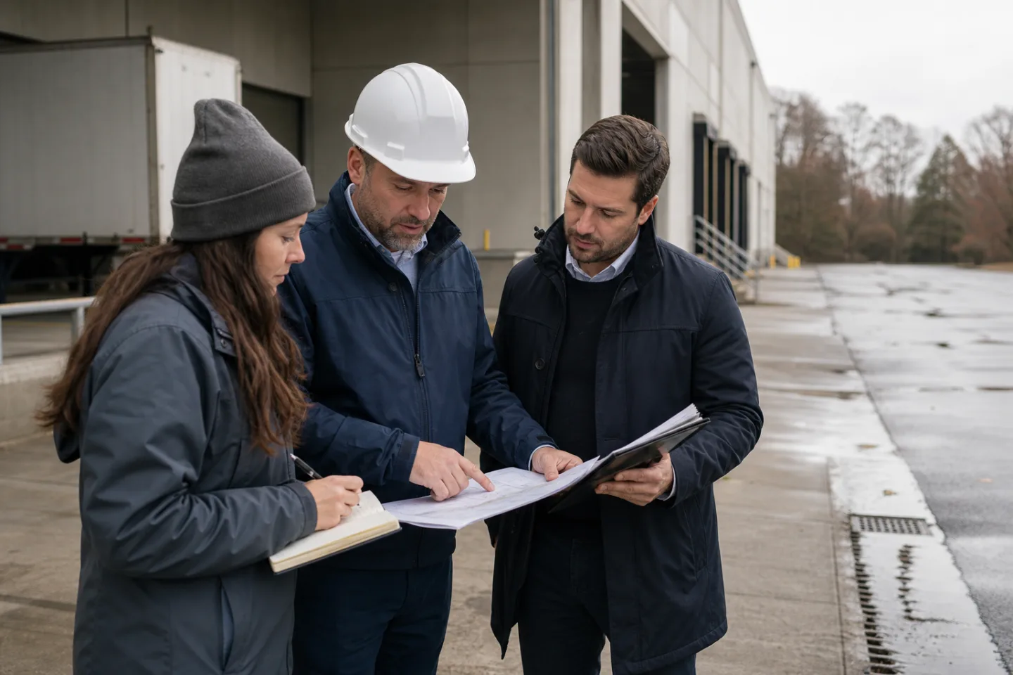 Environmental consultant, engineer, and acquisitions professional inspecting an industrial property