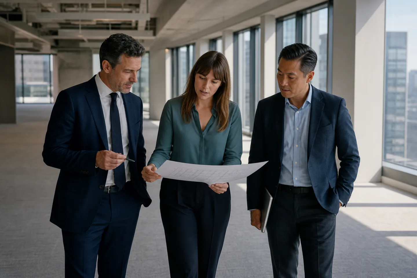 Broker, leasing manager, and tenant representative reviewing a test fit inside an office property