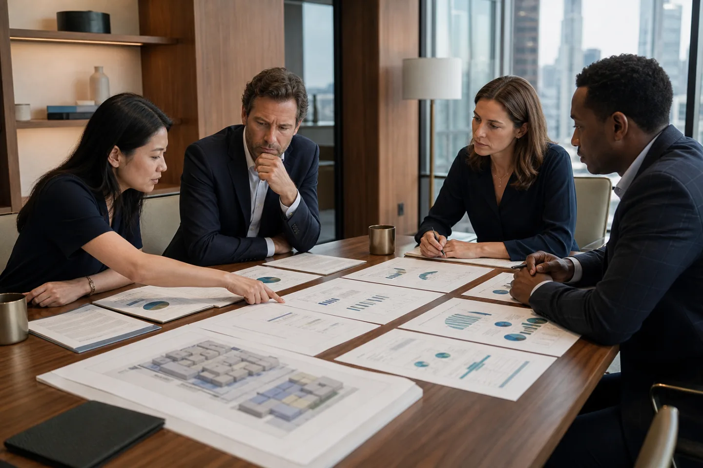 Commercial real estate leasing team comparing tenant proposals and a stacking plan