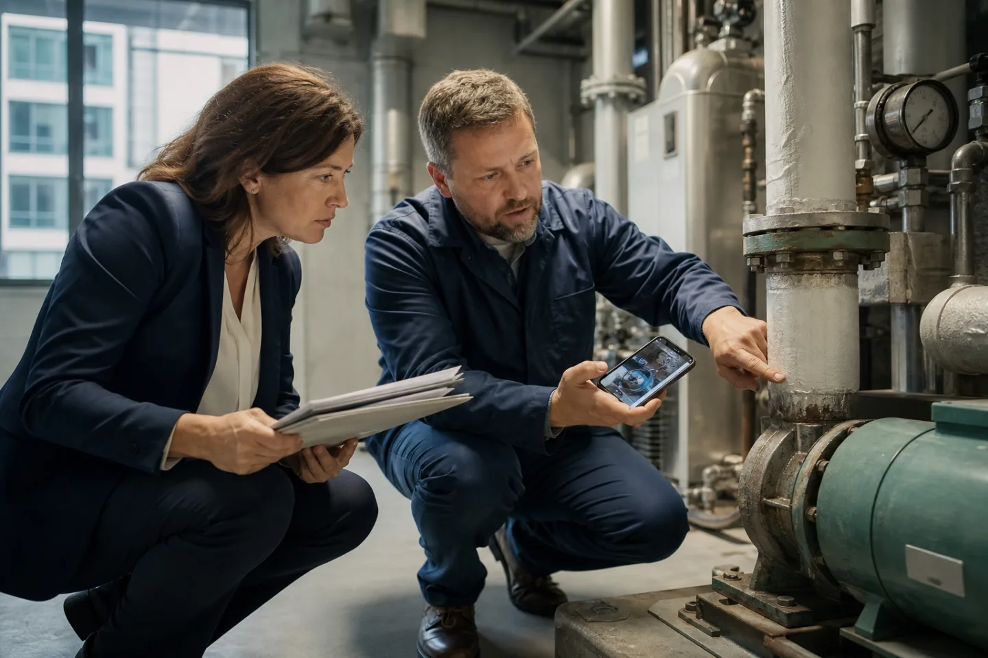Property manager and building engineer inspecting equipment against a work-order record