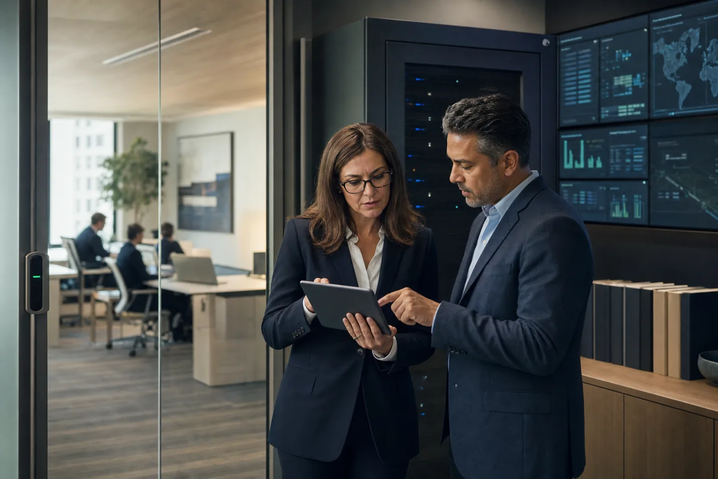 Technology lead and executive reviewing controls for a commercial real estate AI system