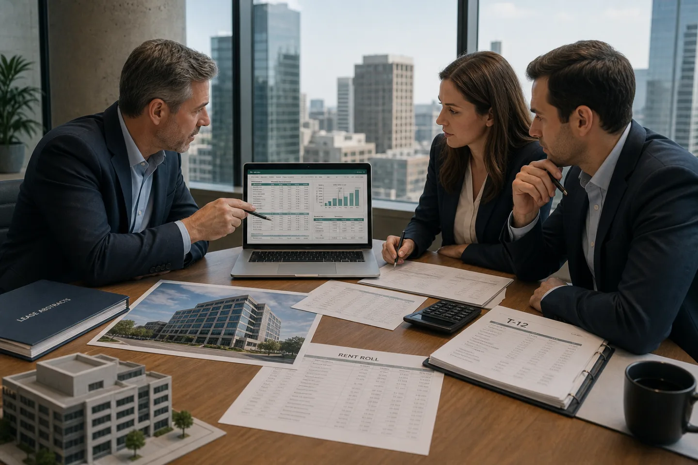 Commercial real estate professionals learning an AI workflow with source documents and a laptop