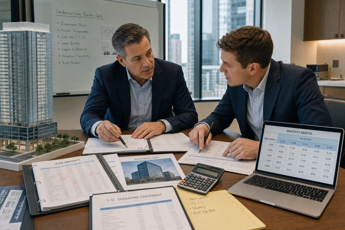 Senior commercial real estate principal and analyst reviewing AI-assisted work against source documents