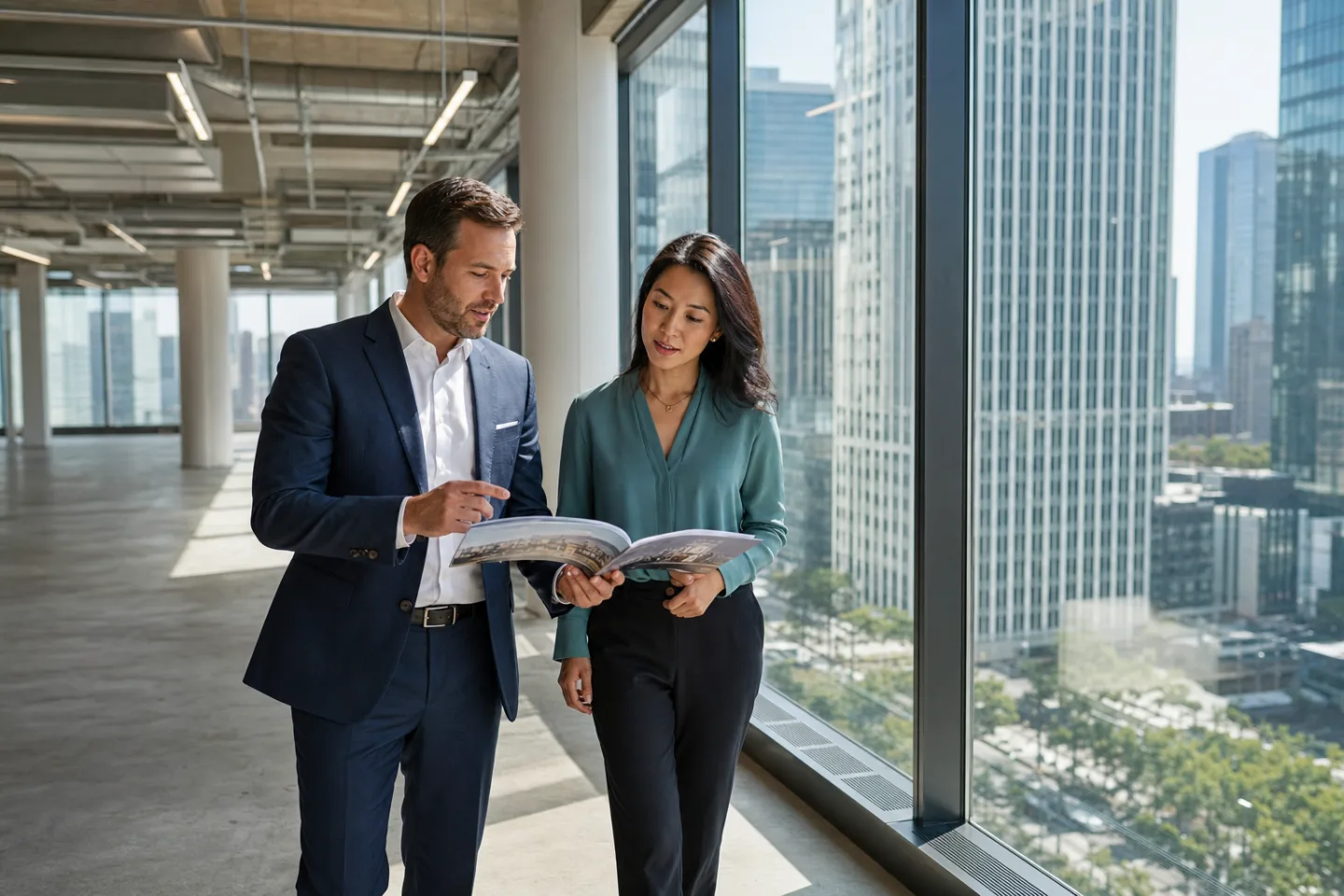 Commercial real estate broker and tenant representative reviewing a tour book inside an office property